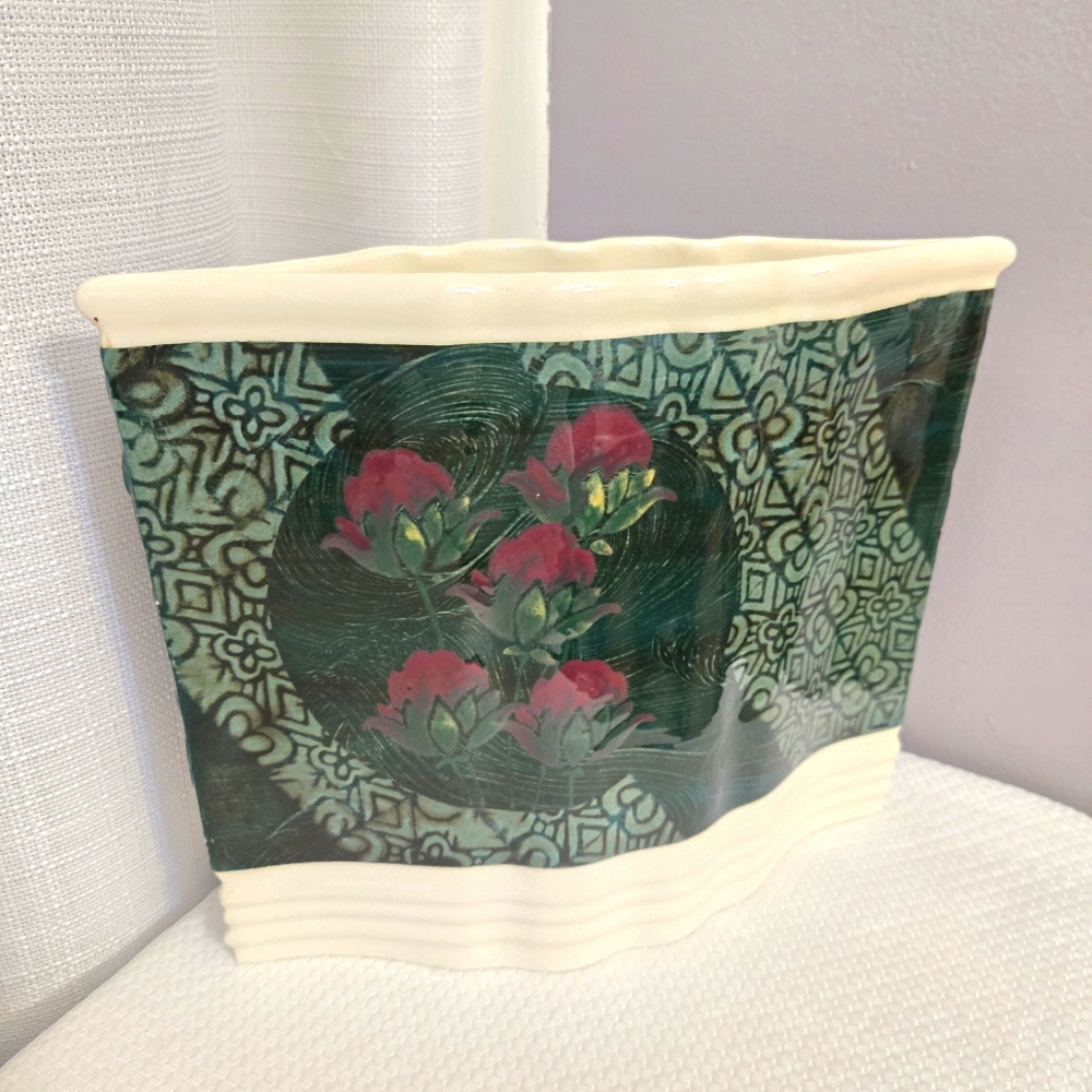 Studio Pottery Thistle Vase Oblong Open Green Pattern Pink Flowers Signed 2001